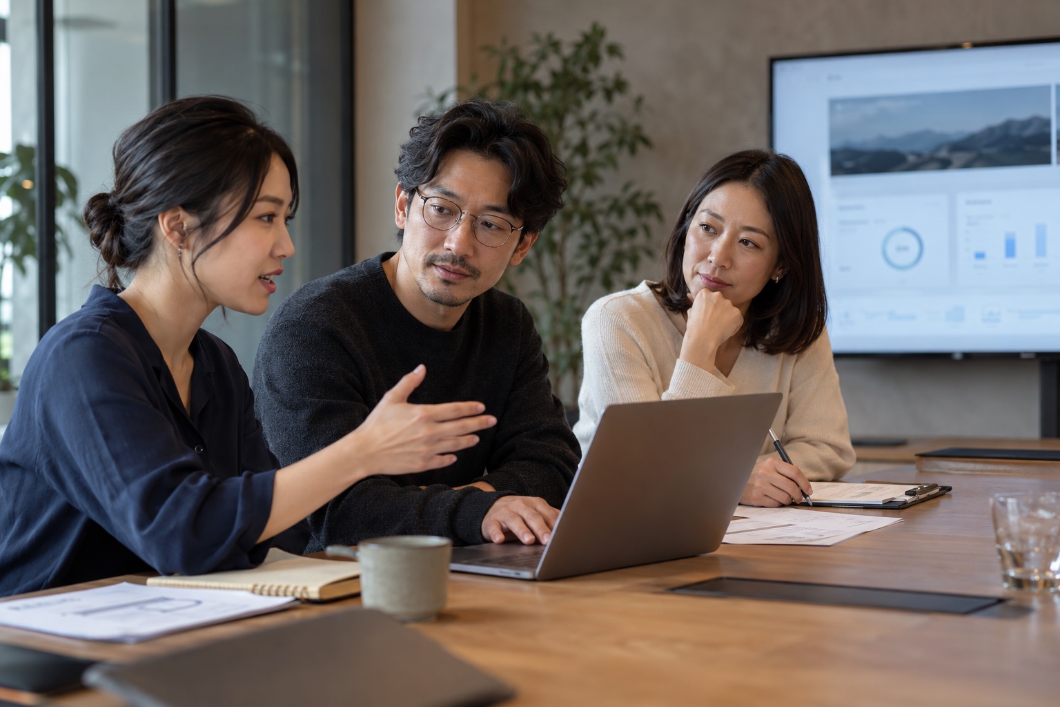 AI 生成的产品评审场景：项目人员共同核对产品原型